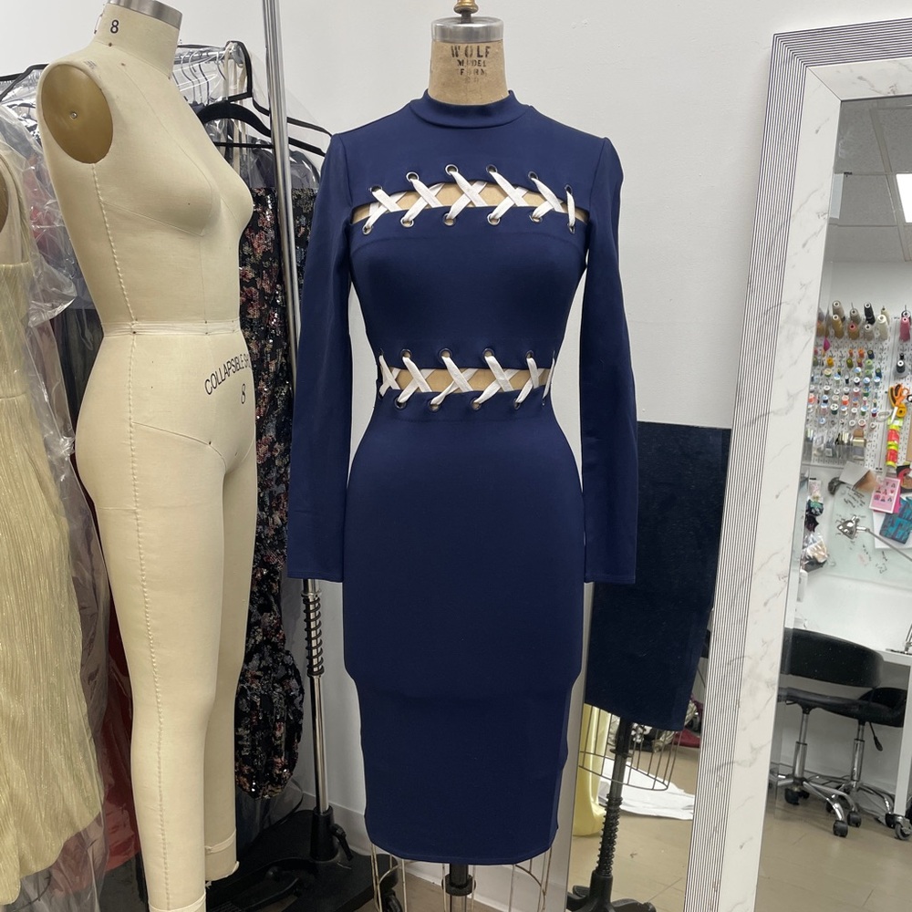 GUESS blue lace up cut out mock long sleeve turtleneck dress